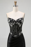 Black Beaded Strapless Corset Mermaid Prom Dress with Slit