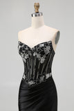 Black Beaded Strapless Corset Mermaid Prom Dress with Slit