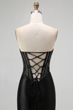 Black Beaded Strapless Corset Mermaid Prom Dress with Slit