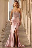 Blush Strapless Mermaid Beaded Corset Prom Dress With Slit