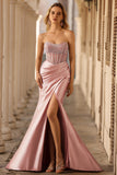 Blush Strapless Mermaid Beaded Corset Prom Dress With Slit