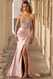 Blush Strapless Mermaid Beaded Corset Prom Dress With Slit