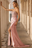 Blush Strapless Mermaid Beaded Corset Prom Dress With Slit