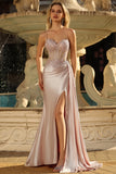 Champagne Mermaid Beaded Corset Prom Dress With Slit