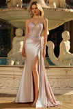 Champagne Mermaid Beaded Corset Prom Dress With Slit