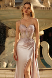 Champagne Mermaid Beaded Corset Prom Dress With Slit