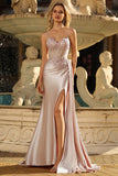 Champagne Mermaid Beaded Corset Prom Dress With Slit