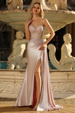 Champagne Mermaid Beaded Corset Prom Dress With Slit