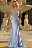 Grey Blue Mermaid Spaghetti Straps Prom Dress With Rhinestones