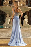 Grey Blue Mermaid Spaghetti Straps Prom Dress With Rhinestones