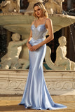 Grey Blue Mermaid Spaghetti Straps Prom Dress With Rhinestones