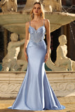 Grey Blue Mermaid Spaghetti Straps Prom Dress With Rhinestones