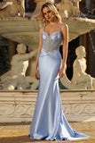 Grey Blue Mermaid Spaghetti Straps Prom Dress With Rhinestones