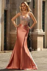 Blush Mermaid Satin Corset Prom Dress With Rhinestones