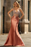 Blush Mermaid Satin Corset Prom Dress With Rhinestones