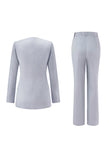 Grey Blue Long Sleeve 2 Piece Women Prom Suit