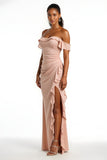 Off The Shoulder Sheath Candy Pink Bridesmaid Dress With Slit
