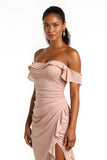 Off The Shoulder Sheath Candy Pink Bridesmaid Dress With Slit
