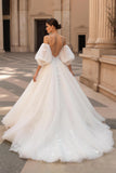 A-Line Ivory Appliqued Wedding Dress With Puff Sleeves