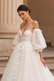 A-Line Ivory Appliqued Wedding Dress With Puff Sleeves