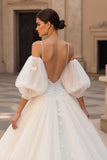 A-Line Ivory Appliqued Wedding Dress With Puff Sleeves