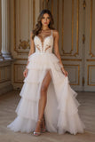 Tiered A-Line Ivory Appliqued Bridal Dress With Slit