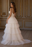 Tiered A-Line Ivory Appliqued Bridal Dress With Slit