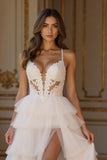 Tiered A-Line Ivory Appliqued Bridal Dress With Slit