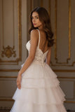 Tiered A-Line Ivory Appliqued Bridal Dress With Slit