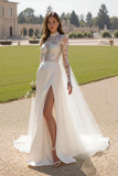 High Neck Long Sleeve A-Line Ivory Wedding Dress With Slit