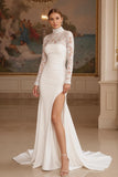 Mermaid Ivory Appliqued Long Sleeve Wedding Dress With Slit