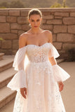 Boho Ivory Off The Shoulder A-Line Long Sleeve Wedding Dress