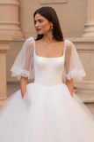 Court Train A-Line Ivory Wedding Dress With Half Sleeves