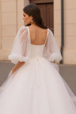 Court Train A-Line Ivory Wedding Dress With Half Sleeves