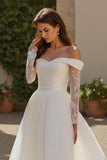 Long Sleeve A-Line Ivory Off The Shoulder Wedding Dress With Appliques