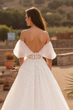 Off The Shoulder Ivory Court Train Bridal Dress With Appliques