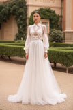 Modest Ivory A-Line Long Sleeve Wedding Dress With Appliques