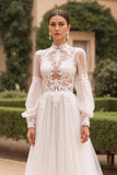 Modest Ivory A-Line Long Sleeve Wedding Dress With Appliques