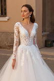 Court Train Ivory A-Line Long sleeve V-Neck Appliqued Wedding Dress