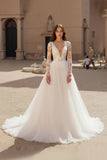 Ivory V-Neck Long Sleeve Appliqued A-Line Bridal Dress