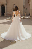 Ivory V-Neck Long Sleeve Appliqued A-Line Bridal Dress