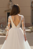 Ivory V-Neck Long Sleeve Appliqued A-Line Bridal Dress