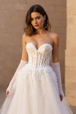 Corset Strapless A-Line Ivory Bridal Dress With Appliques (Without Gloves)