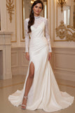 Ivory Appliqued Long Sleeve Mermaid Wedding Dress With Slit