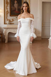 Long Sleeve Appliqued Off The Shoulder Ivory Mermaid Wedding Dress With Court Train