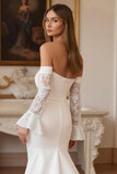 Long Sleeve Appliqued Off The Shoulder Ivory Mermaid Wedding Dress With Court Train