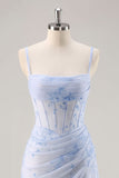 Corset Light Blue Bodycon Printed Homecoming Dress