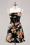 Black A-Line Corset Floral Homecoming Dress