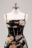 Black A-Line Corset Floral Homecoming Dress