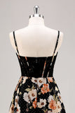 Black A-Line Corset Floral Homecoming Dress